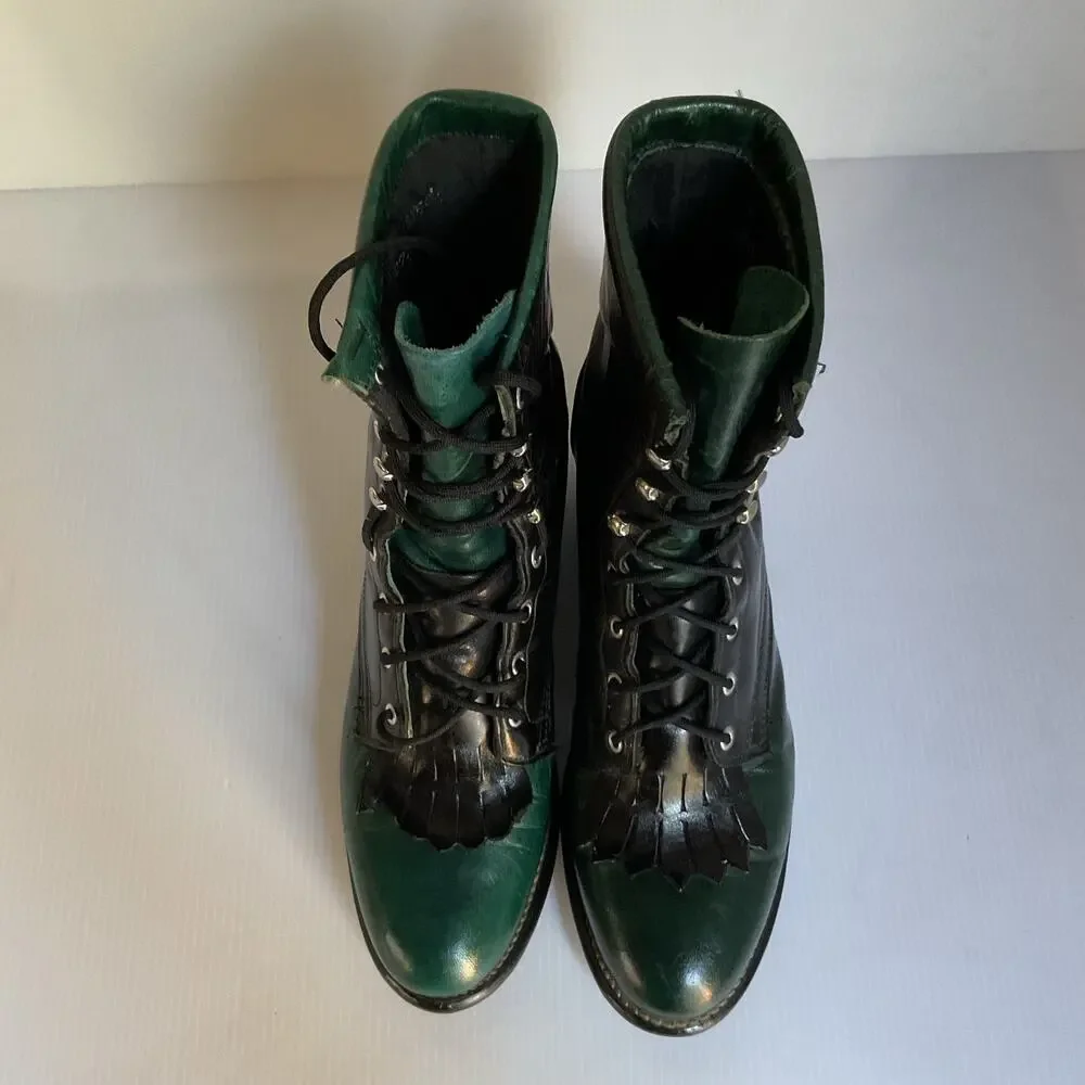 Vintage Laredo Roper Boots Black Green Leather  Women’s 6.5M Lace-Up Western - Picture 6 of 11